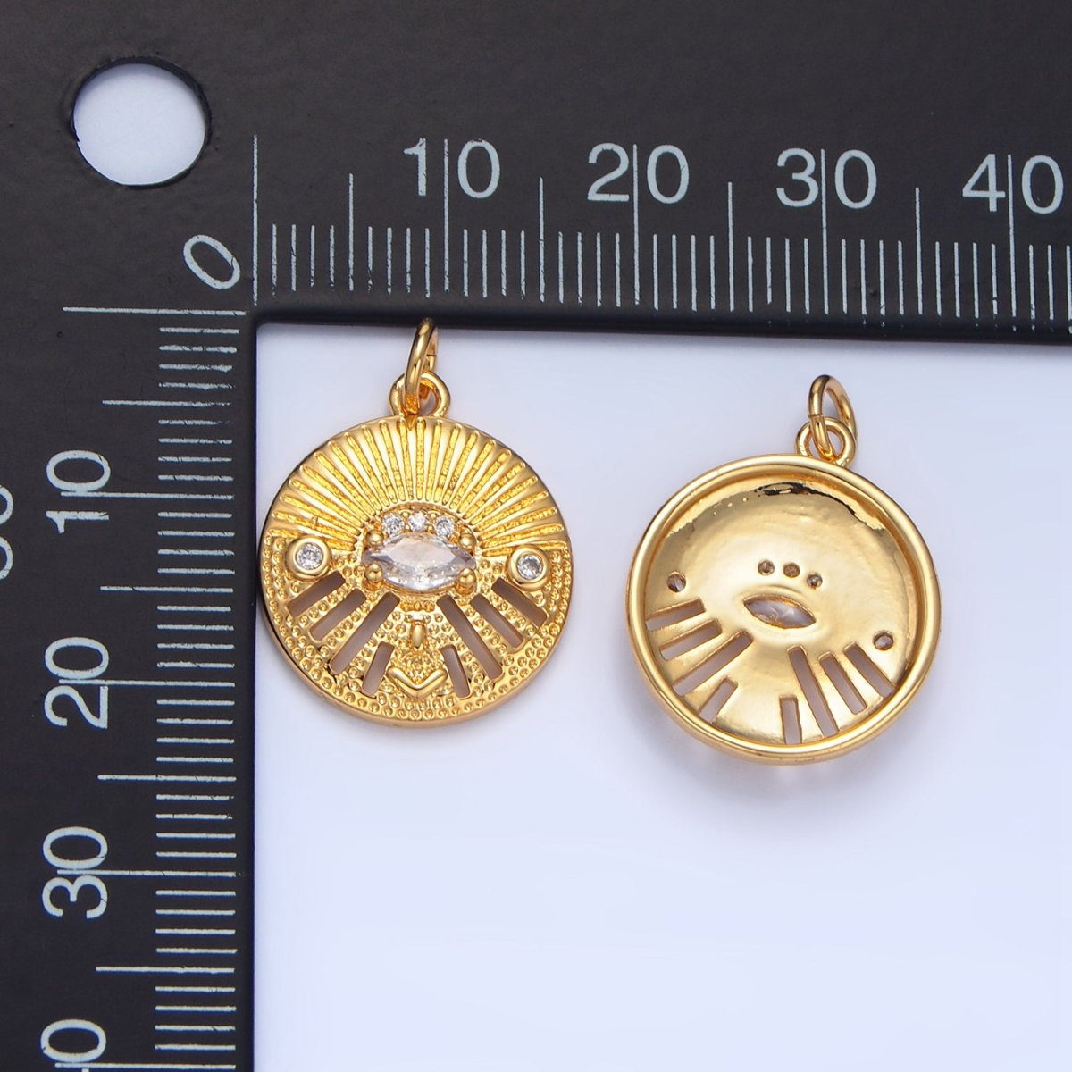 24K Gold Filled Marquise CZ Evil Eye Textured Geometric Open Bar Round Charm | X820