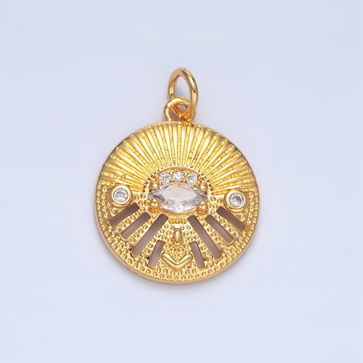 24K Gold Filled Marquise CZ Evil Eye Textured Geometric Open Bar Round Charm | X820