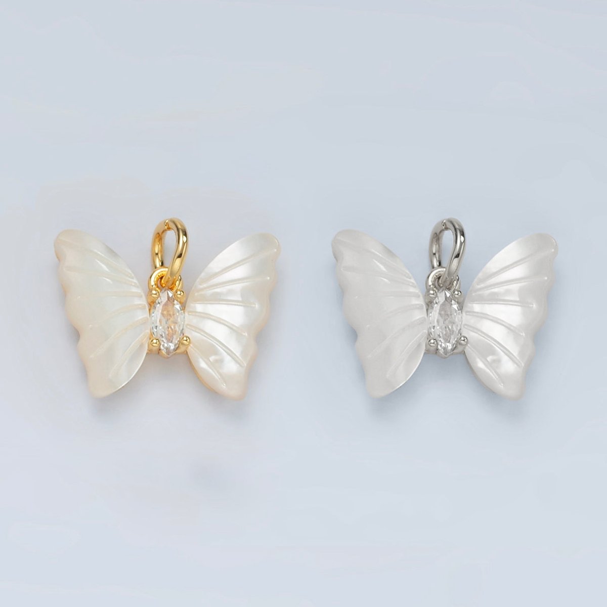 24K Gold Filled Marquise CZ Shell Pearl Butterfly Charm | D666