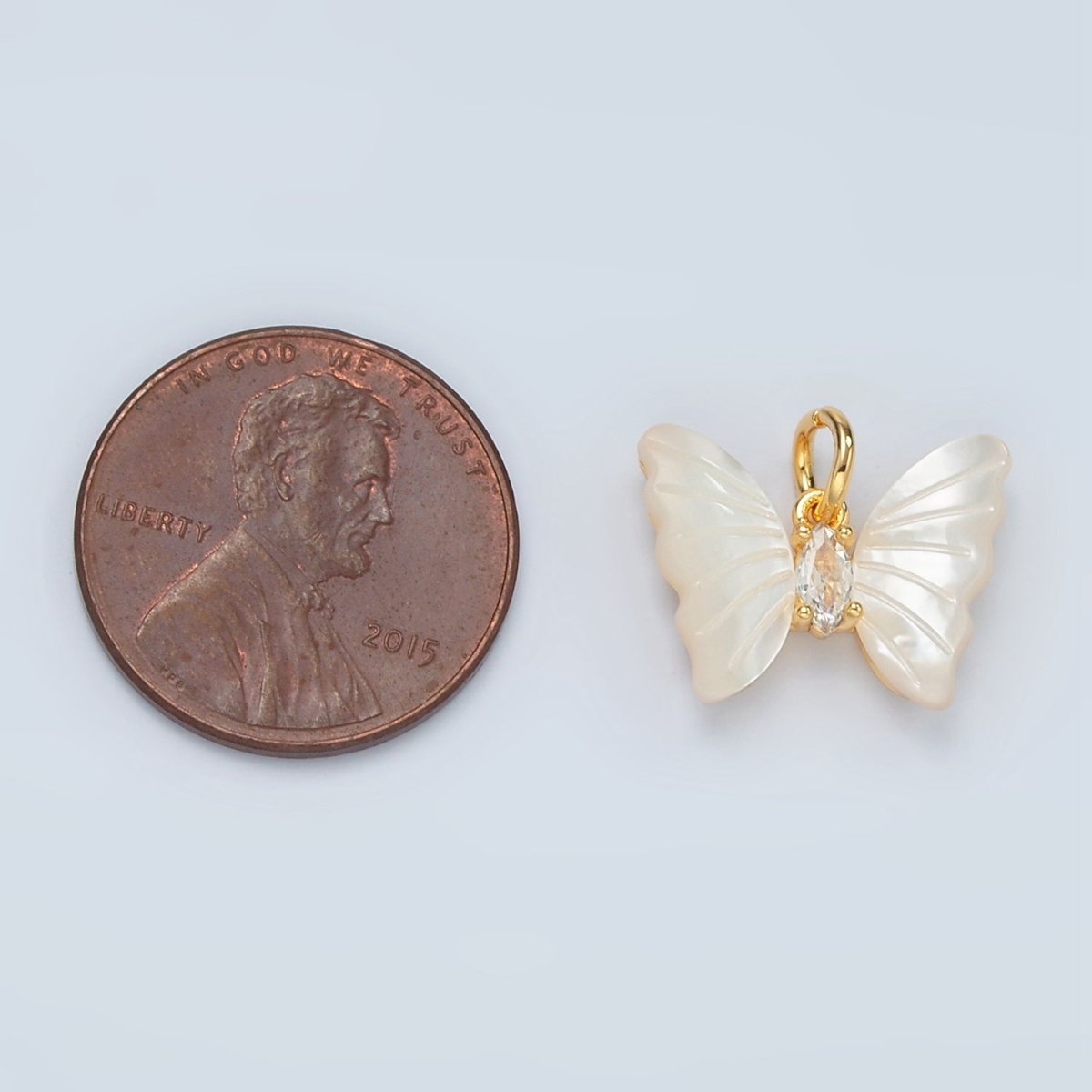 24K Gold Filled Marquise CZ Shell Pearl Butterfly Charm | D666