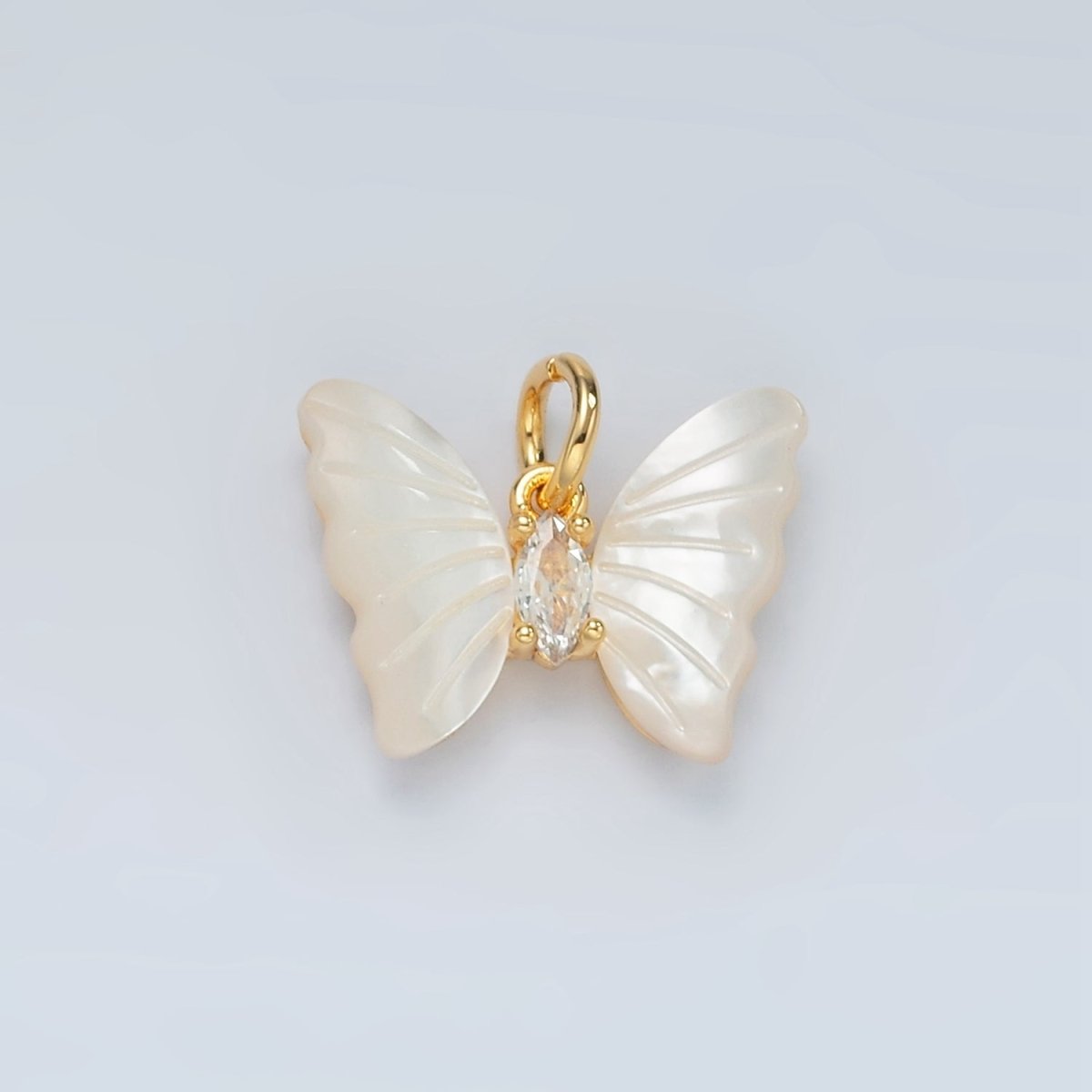 24K Gold Filled Marquise CZ Shell Pearl Butterfly Charm | D666