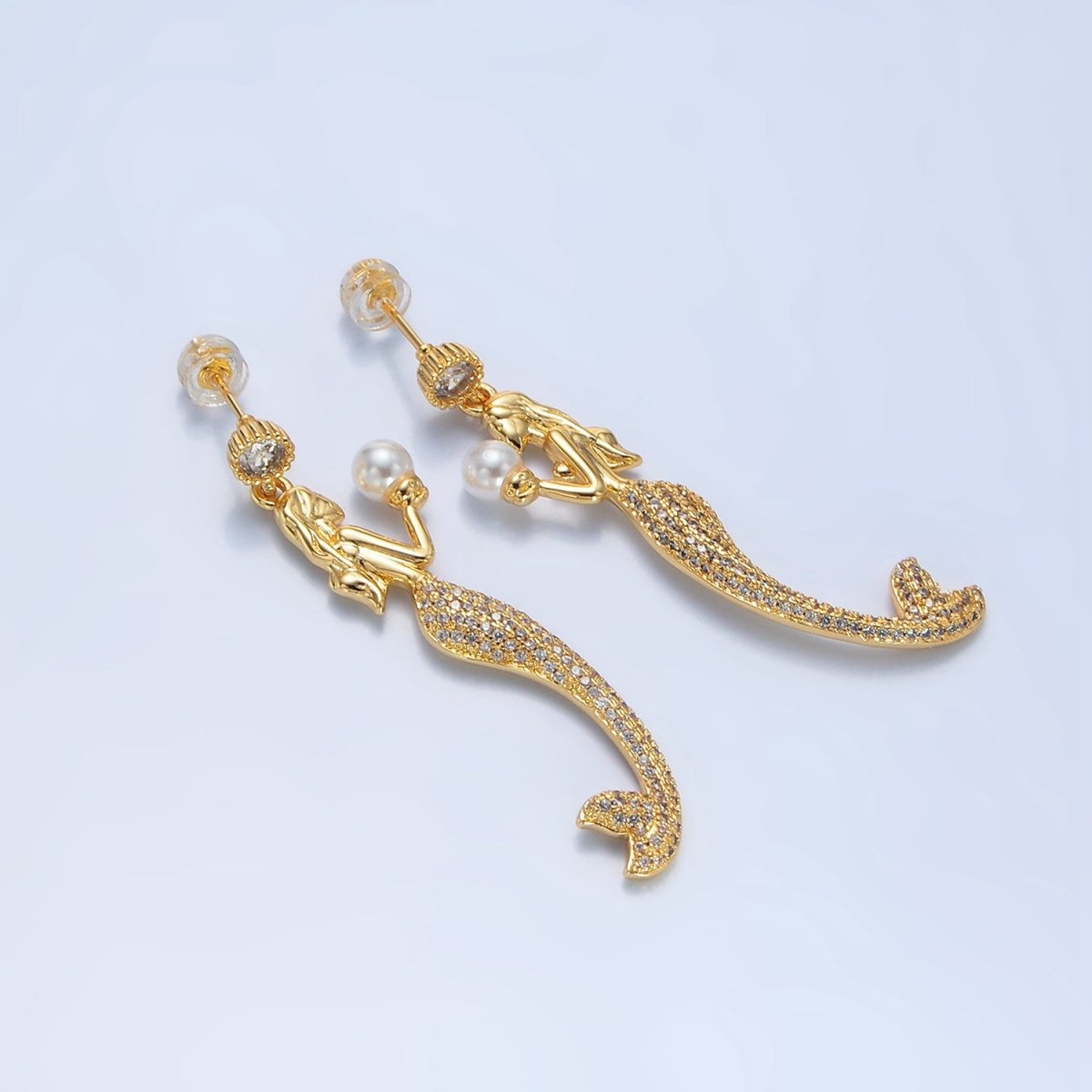 24K Gold Filled Mermaid Shell Pearl Micro Paved CZ Drop Stud Earrings | P111