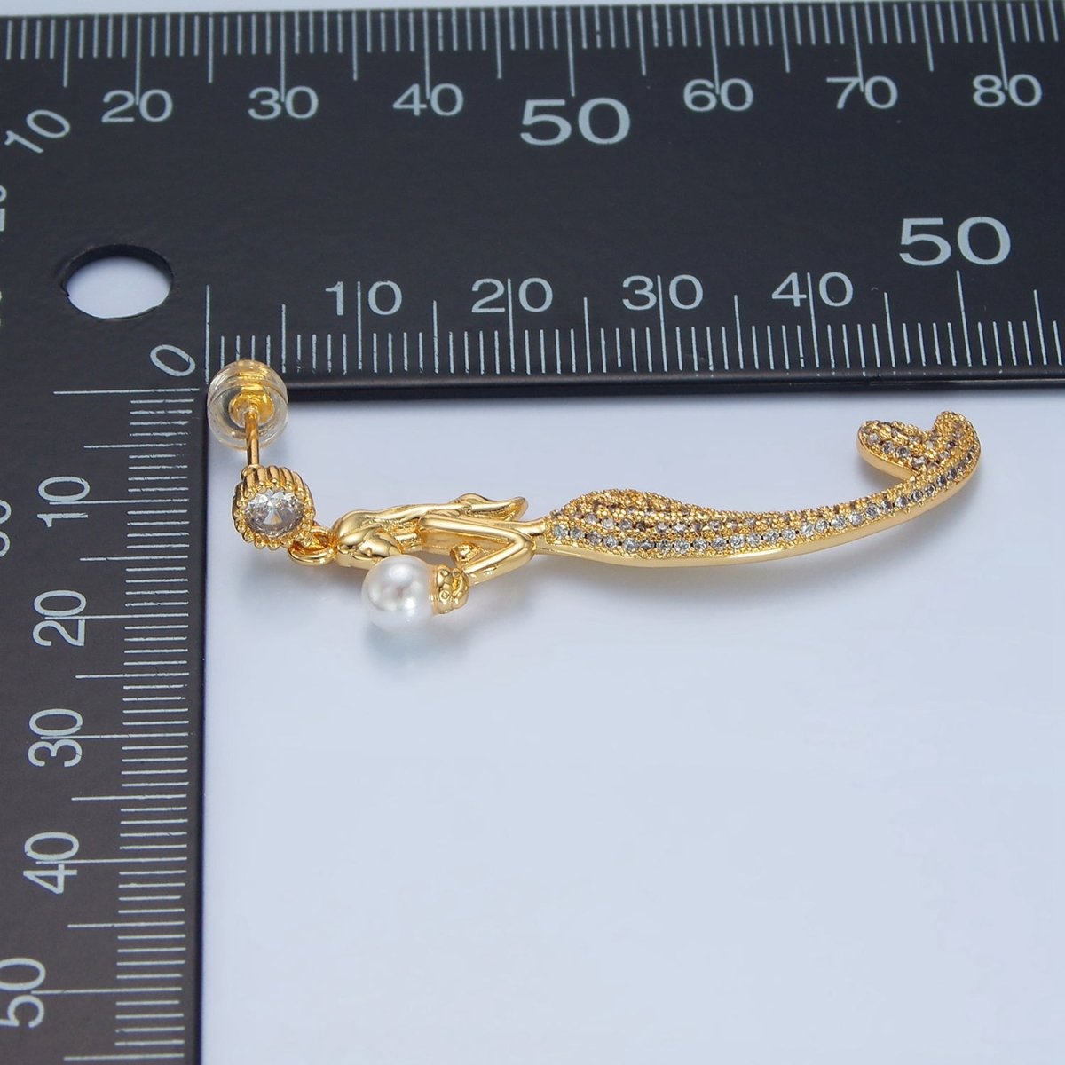 24K Gold Filled Mermaid Shell Pearl Micro Paved CZ Drop Stud Earrings | P111