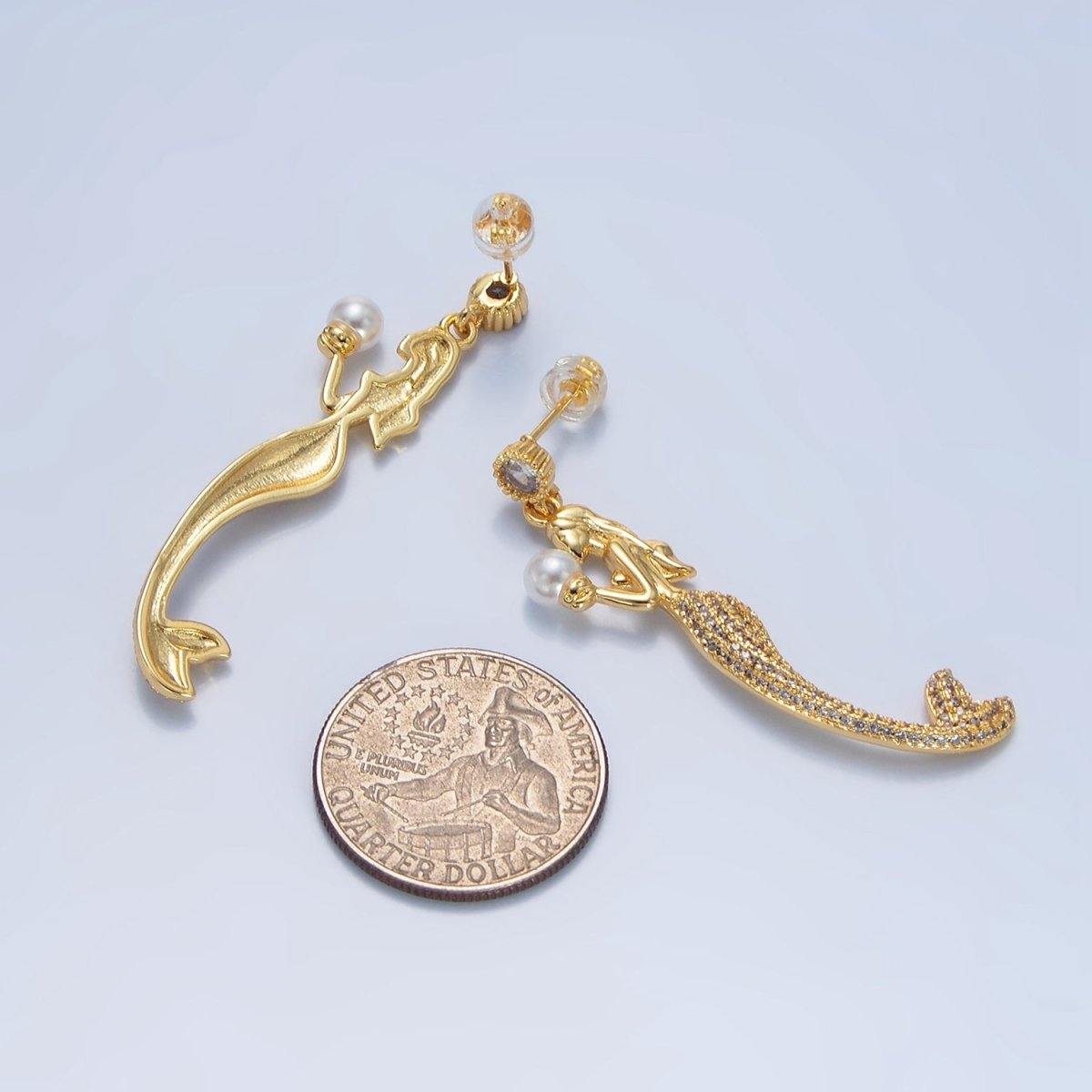 24K Gold Filled Mermaid Shell Pearl Micro Paved CZ Drop Stud Earrings | P111
