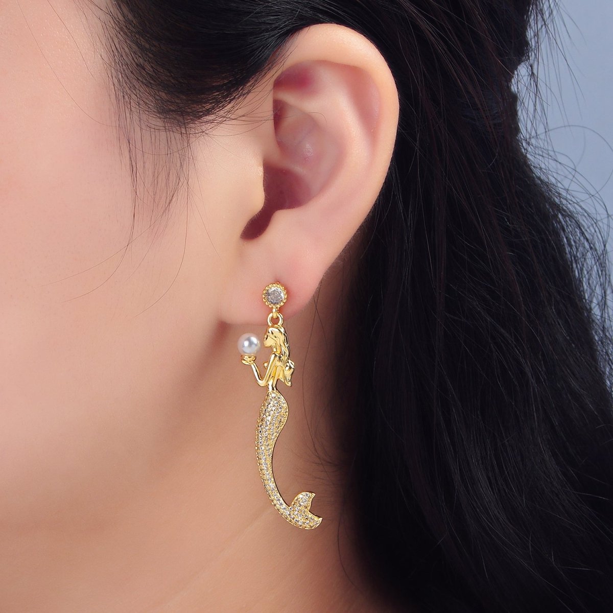 24K Gold Filled Mermaid Shell Pearl Micro Paved CZ Drop Stud Earrings | P111