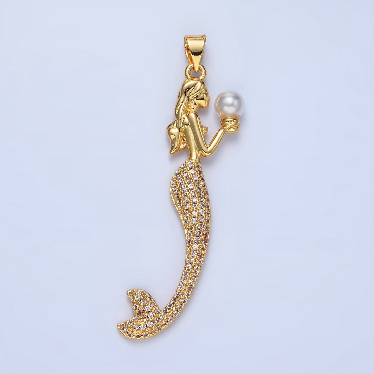 24K Gold Filled Mermaid Shell Pearl Micro Paved CZ Pendant | AA968