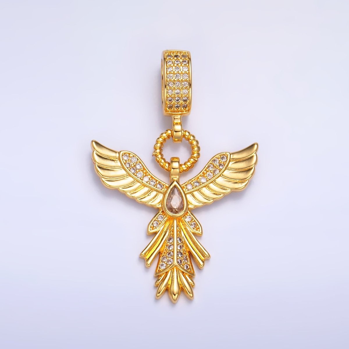 24K Gold Filled Micro Paved CZ Angel Feather Drop Bail Pendant | AA1091