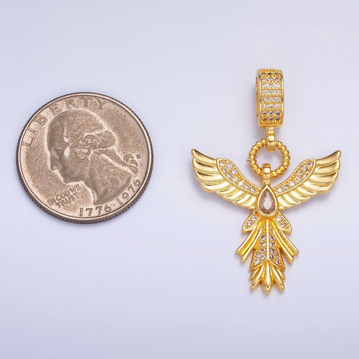 24K Gold Filled Micro Paved CZ Angel Feather Drop Bail Pendant | AA1091