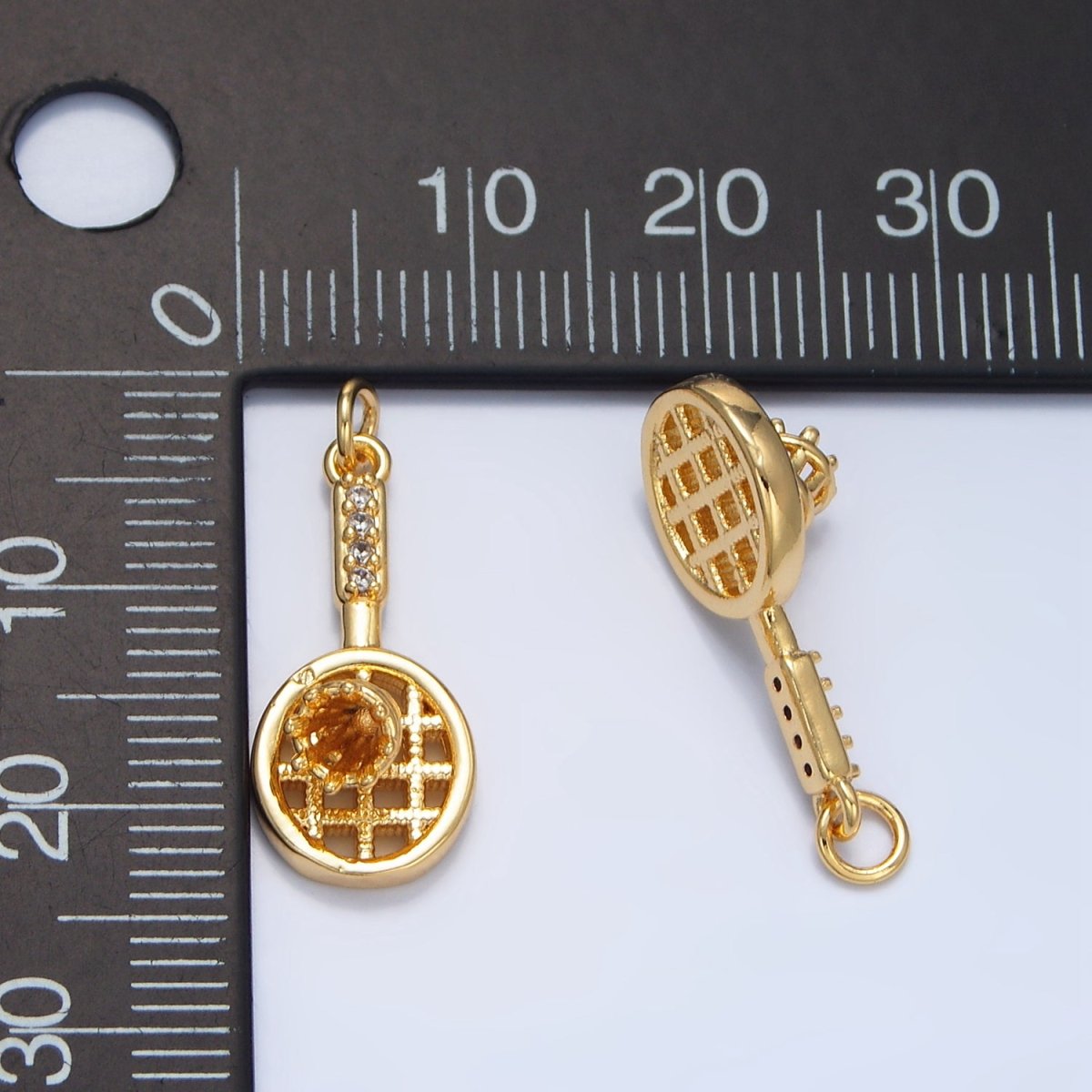 24K Gold Filled Micro Paved CZ Birdie Badminton Racket Sports Charm | X894