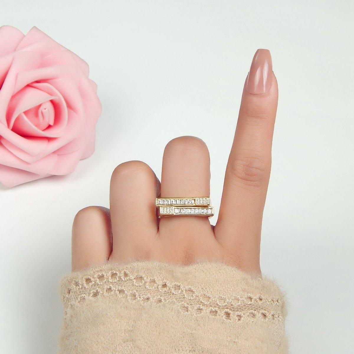 24K Gold Filled Baguette Micro Paved CZ Double Band Ring | O1414