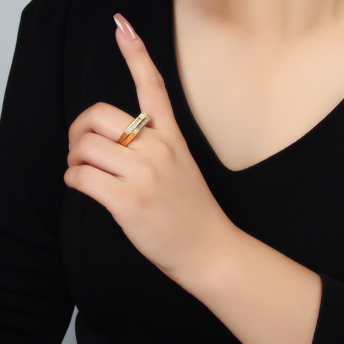 24K Gold Filled Baguette Micro Paved CZ Double Band Ring | O1414