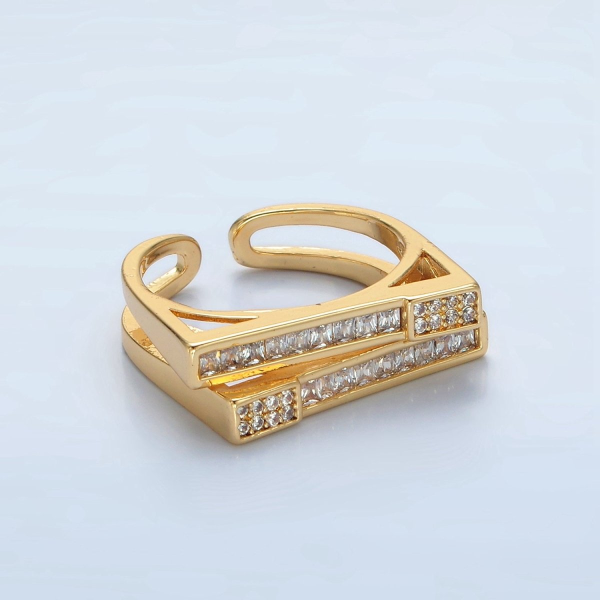 24K Gold Filled Baguette Micro Paved CZ Double Band Ring | O1414