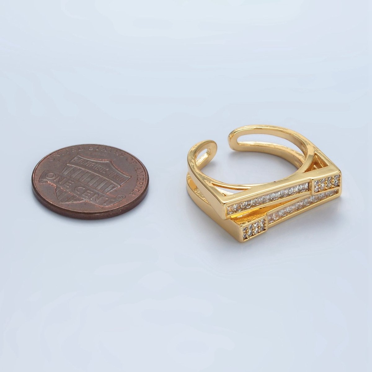 24K Gold Filled Baguette Micro Paved CZ Double Band Ring | O1414