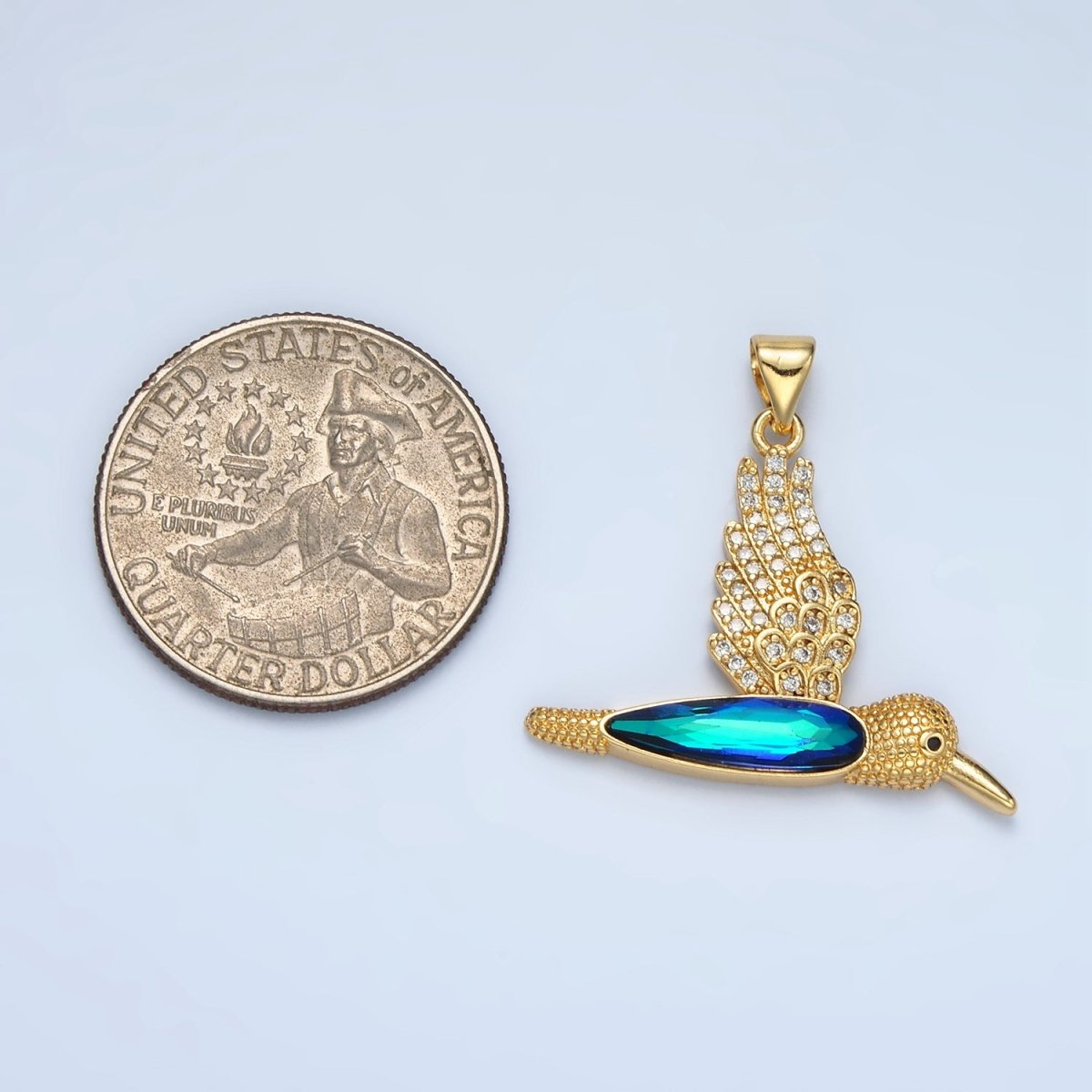 24K Gold Filled Micro Paved CZ Blue Humming Bird Pendant | AA-905