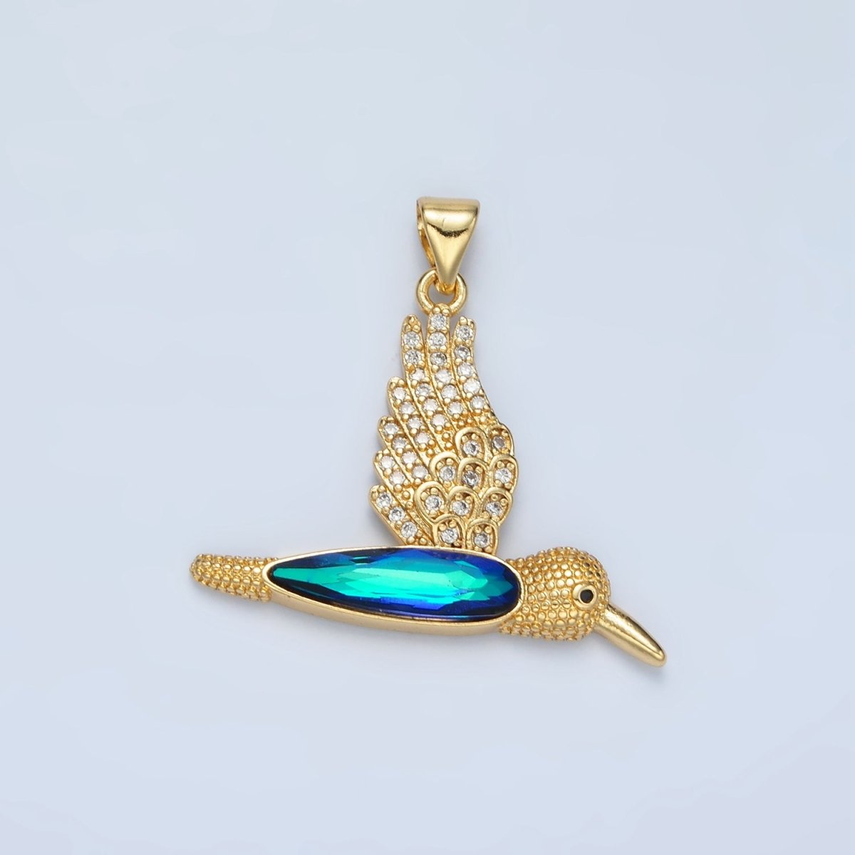 24K Gold Filled Micro Paved CZ Blue Humming Bird Pendant | AA-905