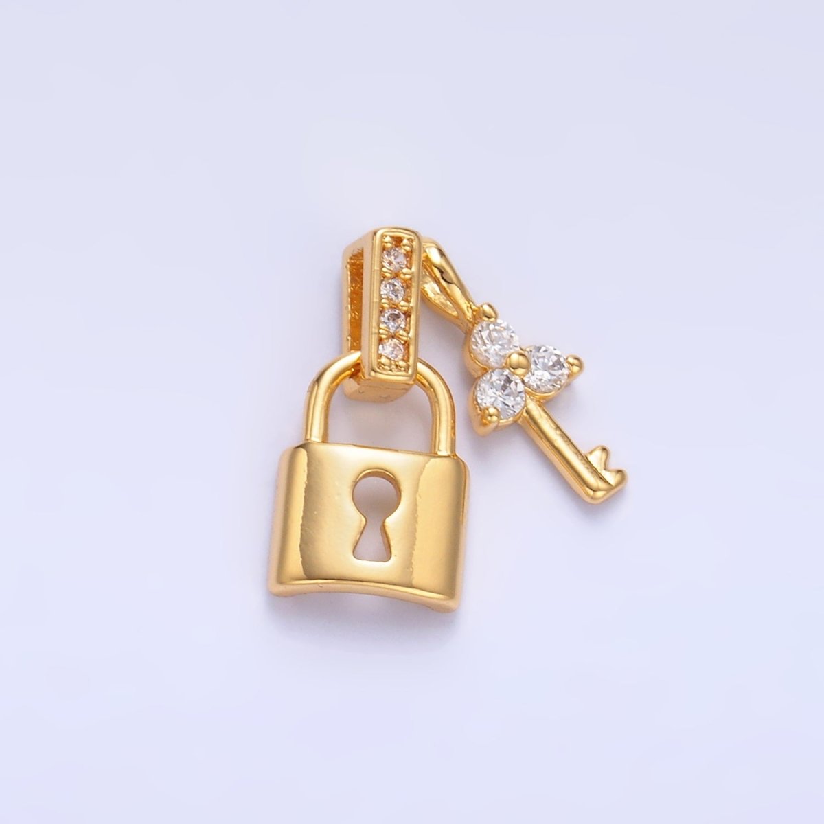 24K Gold Filled Micro Paved CZ Clover Key Padlock Pendant | AA1082