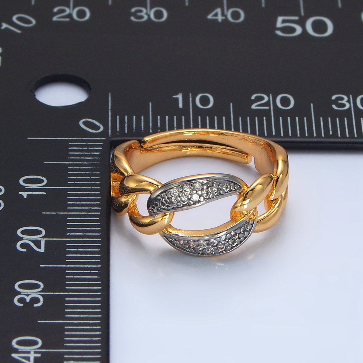 24K Gold Filled Micro Paved CZ Concave Curb Mixed Metal Ring | O1419