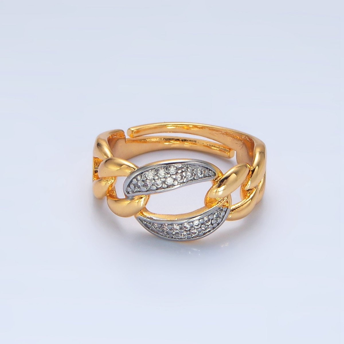 24K Gold Filled Micro Paved CZ Concave Curb Mixed Metal Ring | O1419