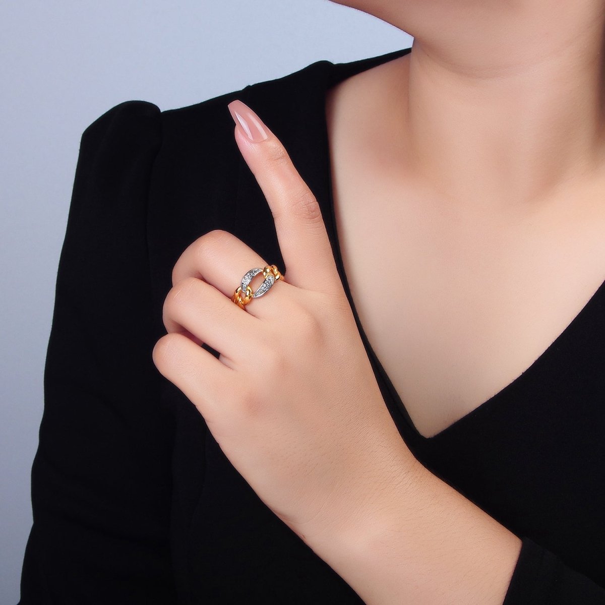 24K Gold Filled Micro Paved CZ Concave Curb Mixed Metal Ring | O1419