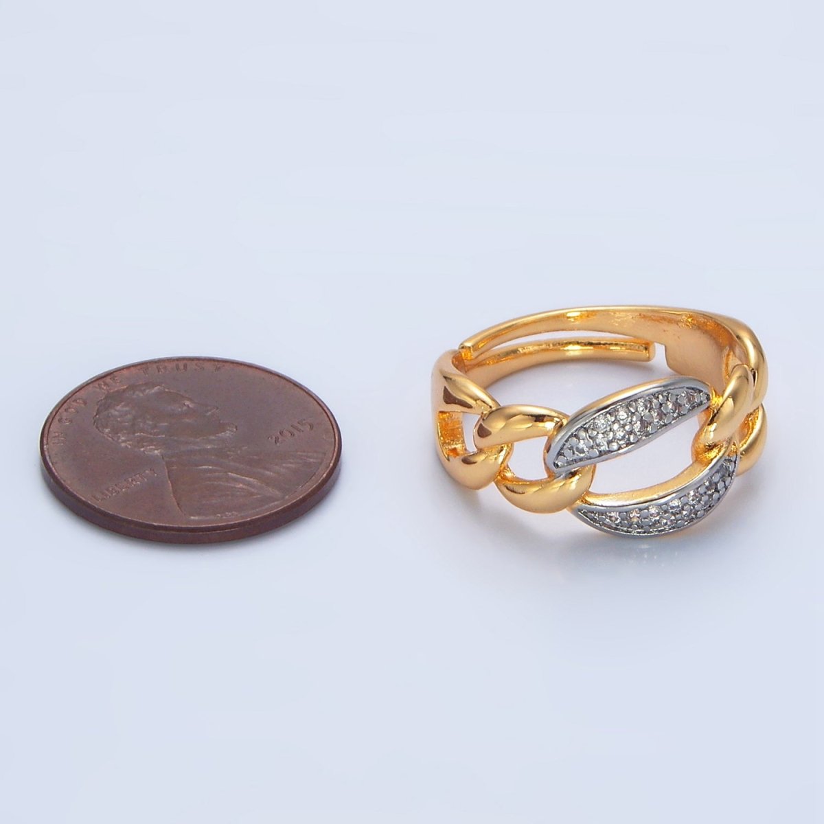 24K Gold Filled Micro Paved CZ Concave Curb Mixed Metal Ring | O1419