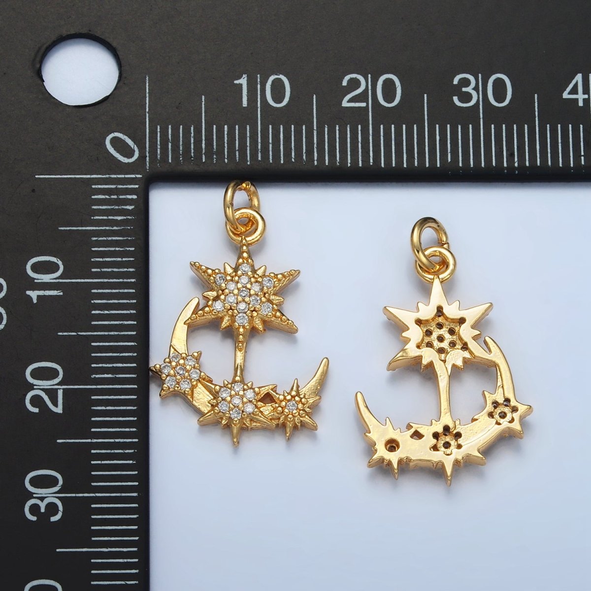 24K Gold Filled Micro Paved CZ Crescent Moon Star Celestial Charm | E305
