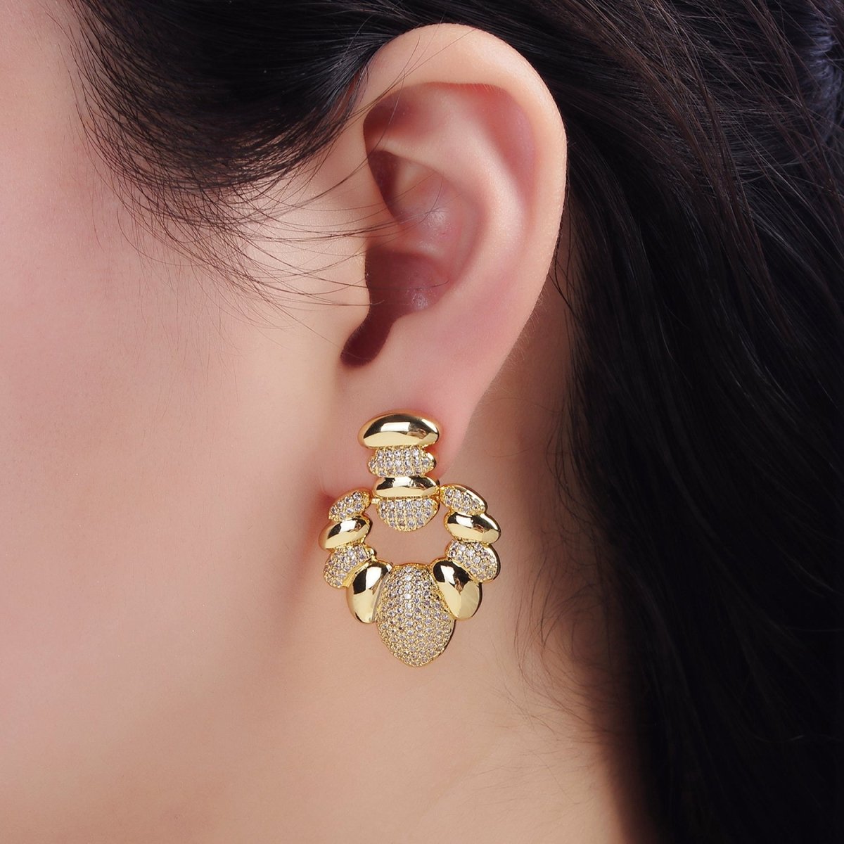 24K Gold Filled Micro Paved CZ Croissant Geometric Drop Stud Earrings | Q140