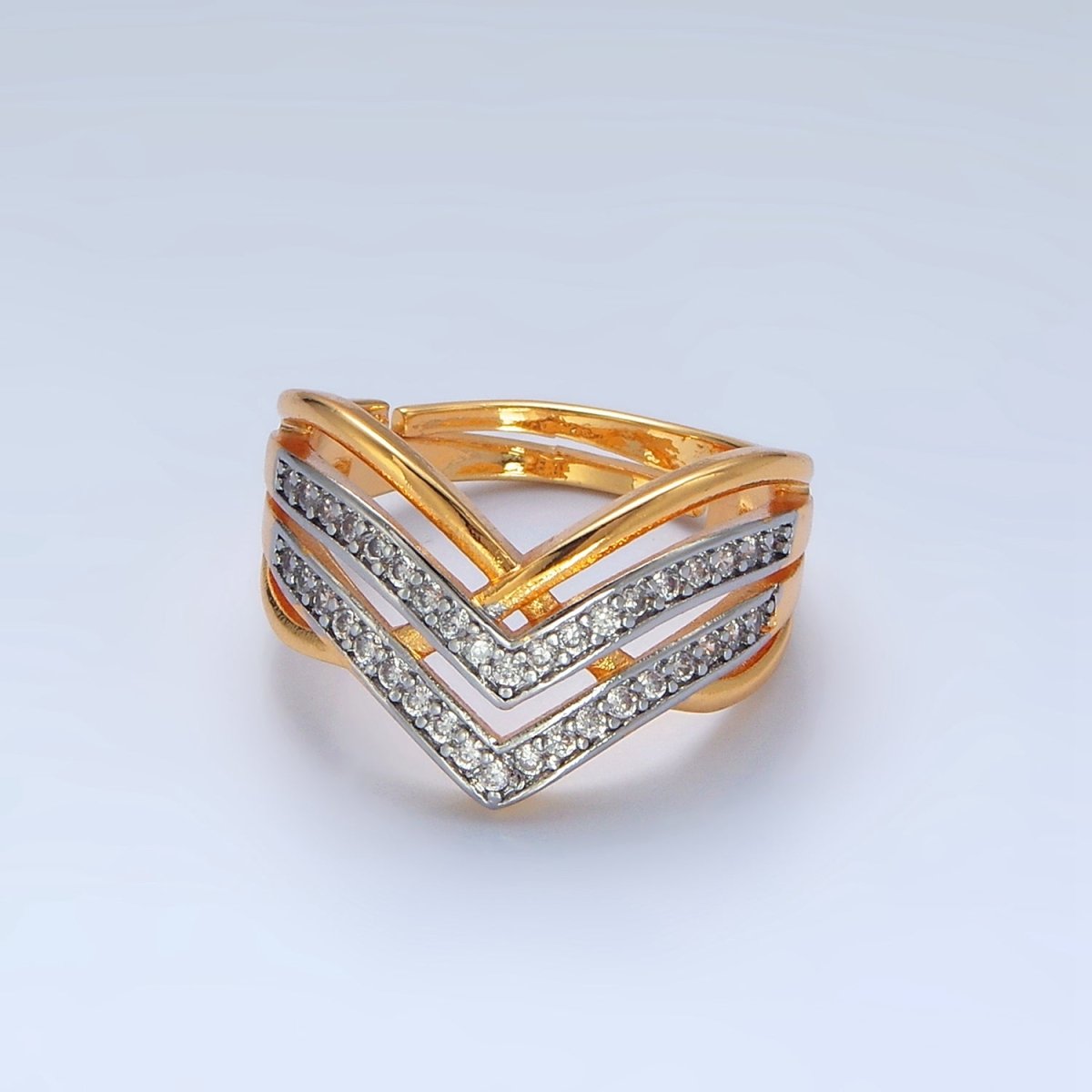 24K Gold Filled Micro Paved CZ Curved Chevron Band Ring | O1429