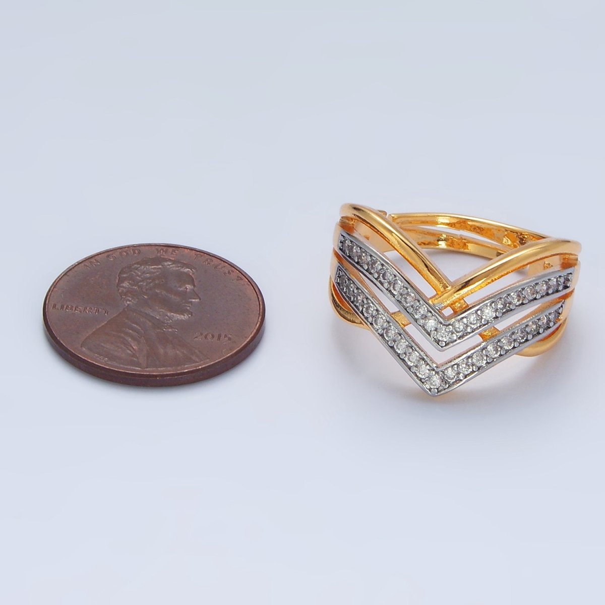 24K Gold Filled Micro Paved CZ Curved Chevron Band Ring | O1429