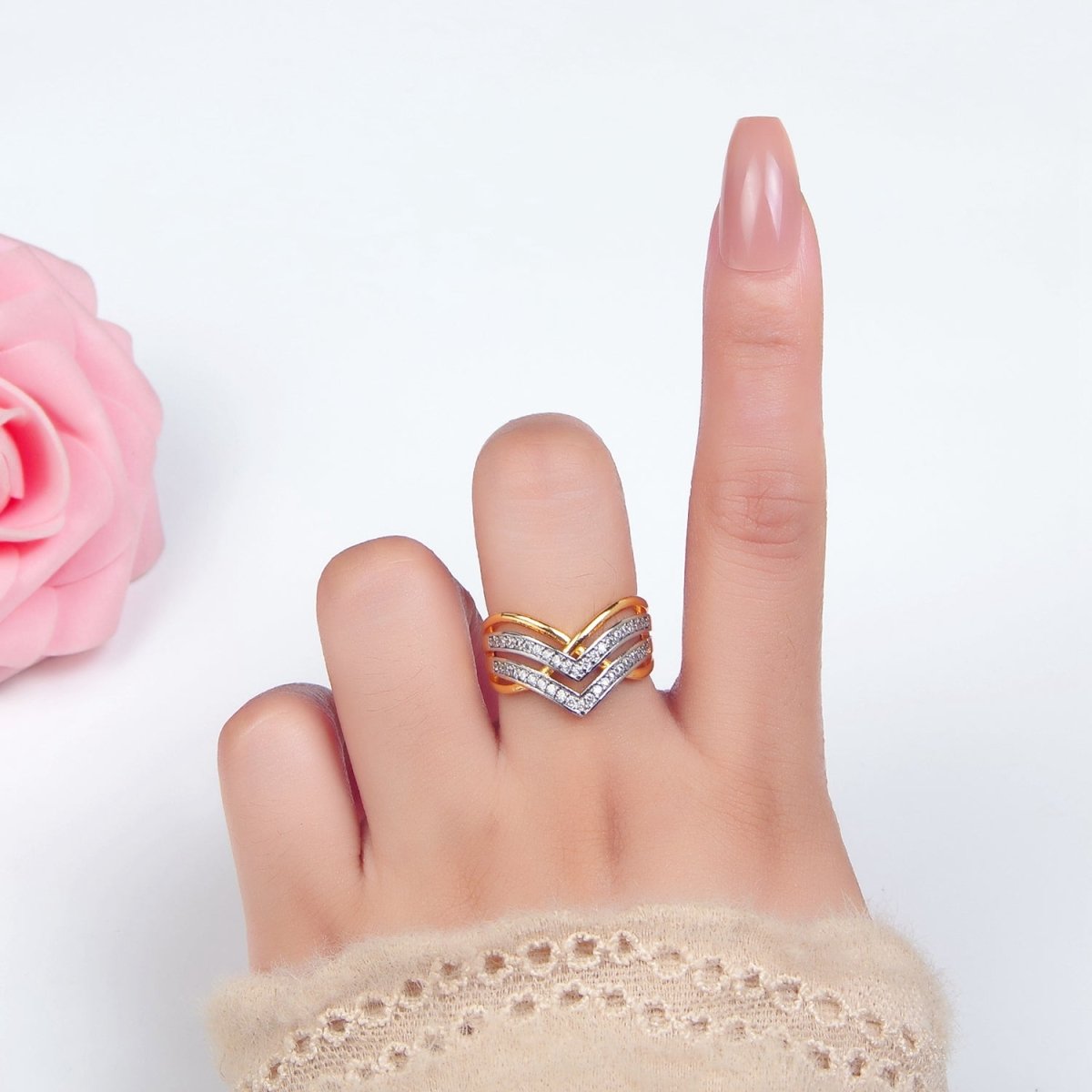 24K Gold Filled Micro Paved CZ Curved Chevron Band Ring | O1429