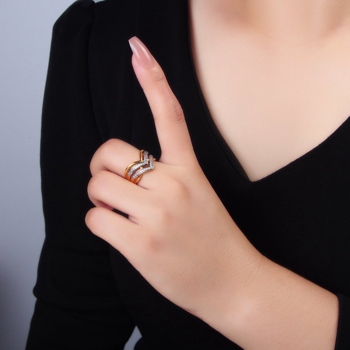 24K Gold Filled Micro Paved CZ Curved Chevron Band Ring | O1429