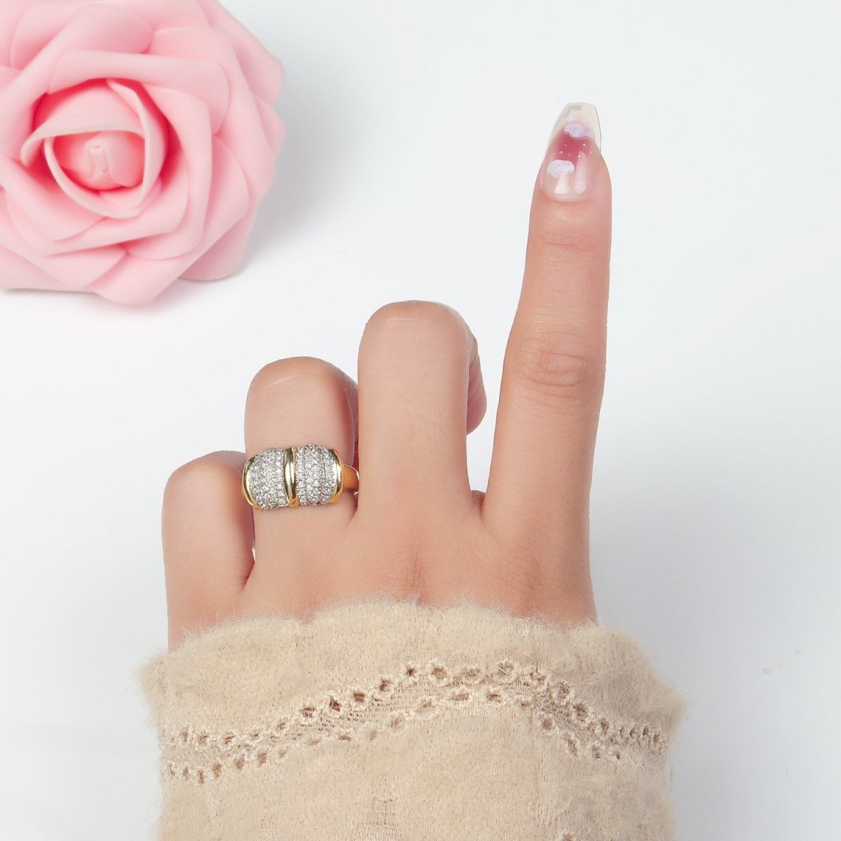 24K Gold Filled Micro Paved CZ Dome Wide Band Bar Ring | O1401