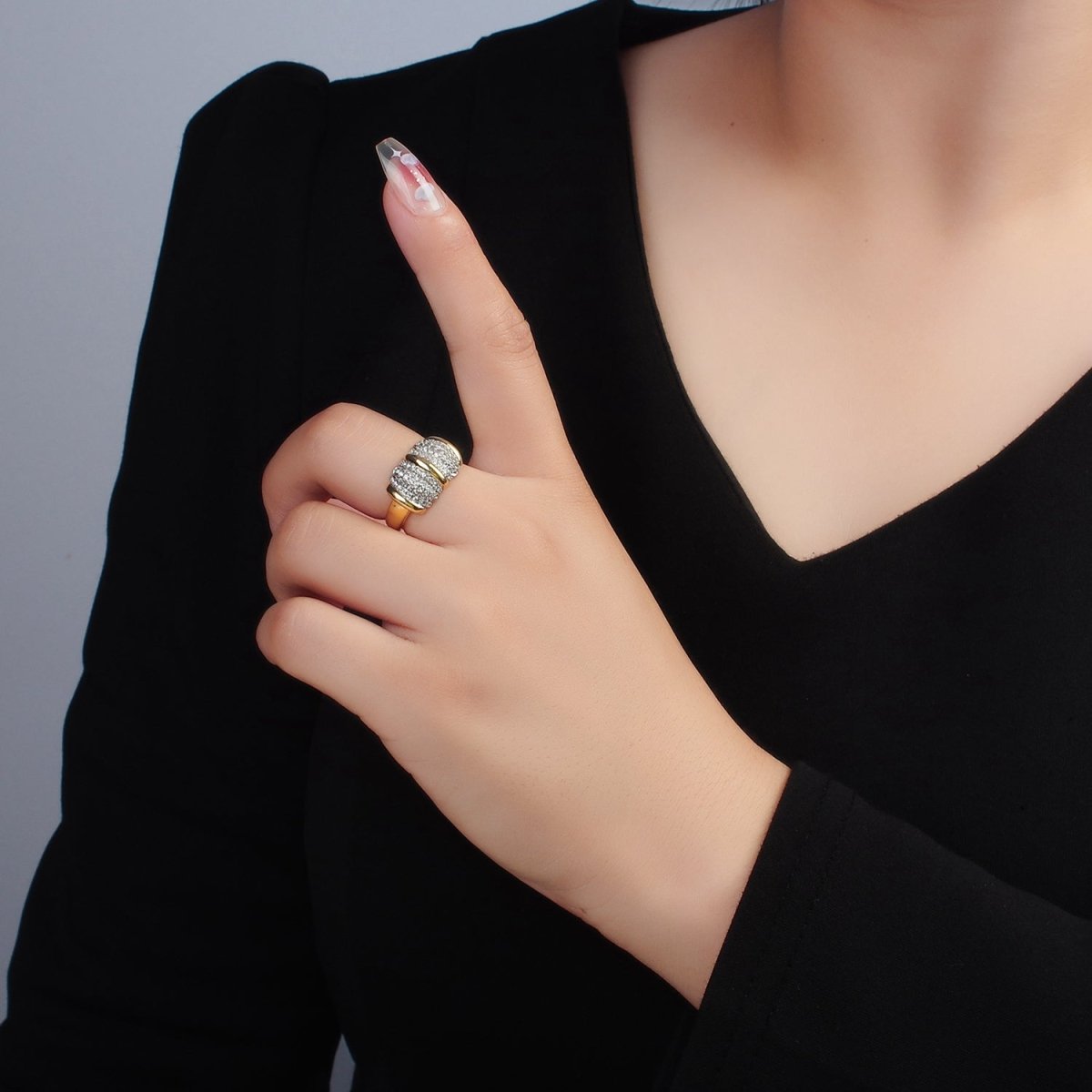 24K Gold Filled Micro Paved CZ Dome Wide Band Bar Ring | O1401