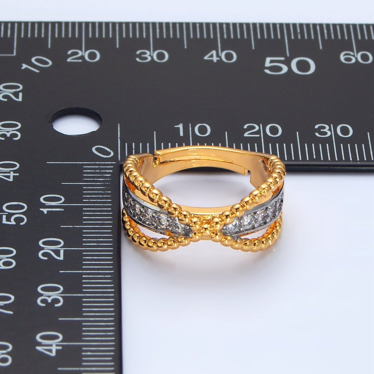 24K Gold Filled Micro Paved CZ Dotted Crossed Double Band Mixed Metal Ring | O1425
