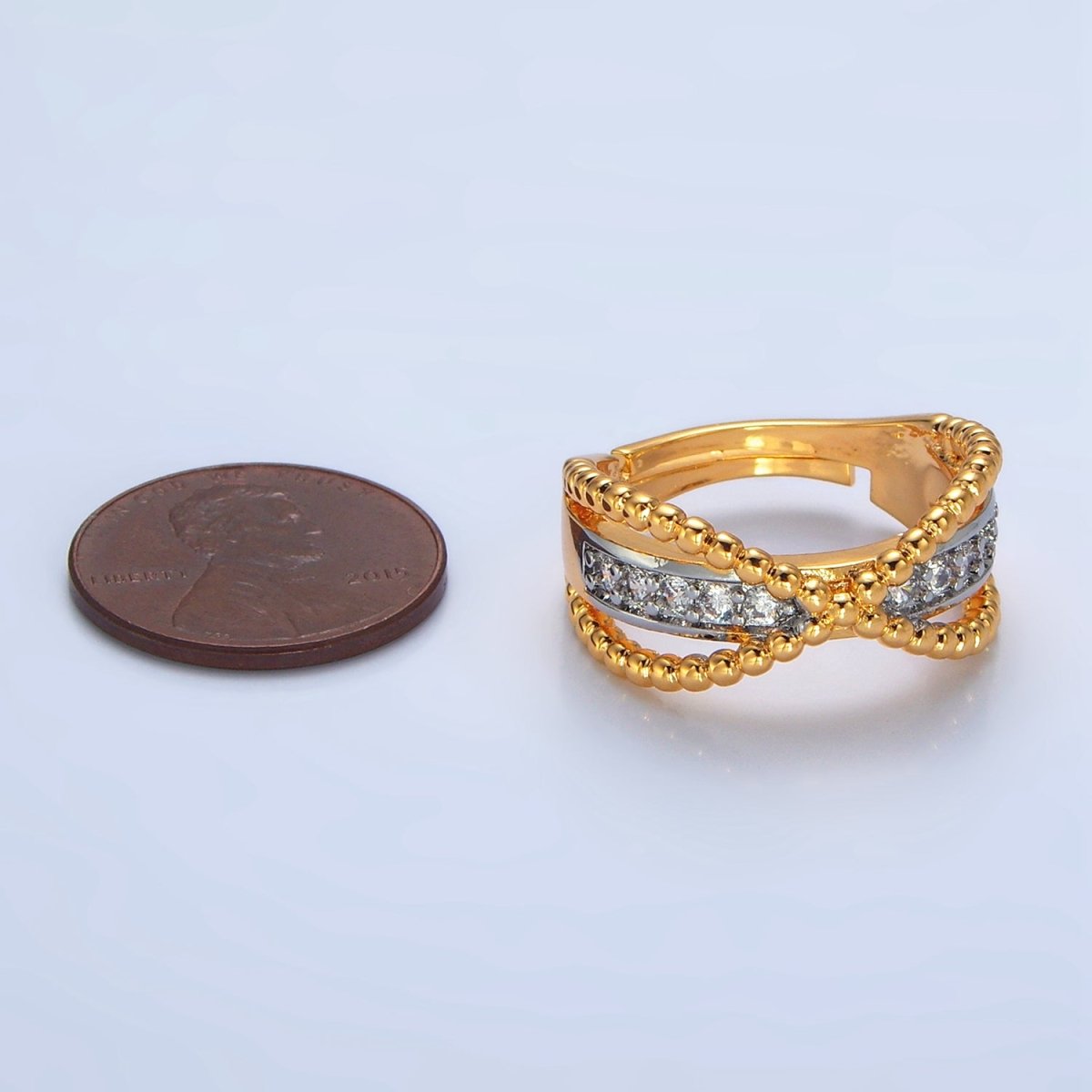 24K Gold Filled Micro Paved CZ Dotted Crossed Double Band Mixed Metal Ring | O1425