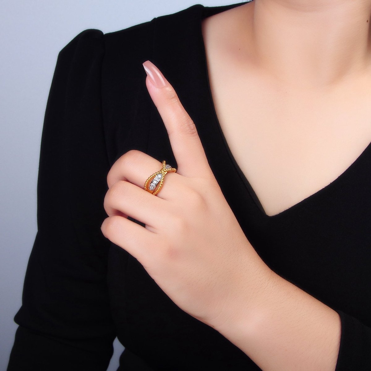 24K Gold Filled Micro Paved CZ Dotted Crossed Double Band Mixed Metal Ring | O1425