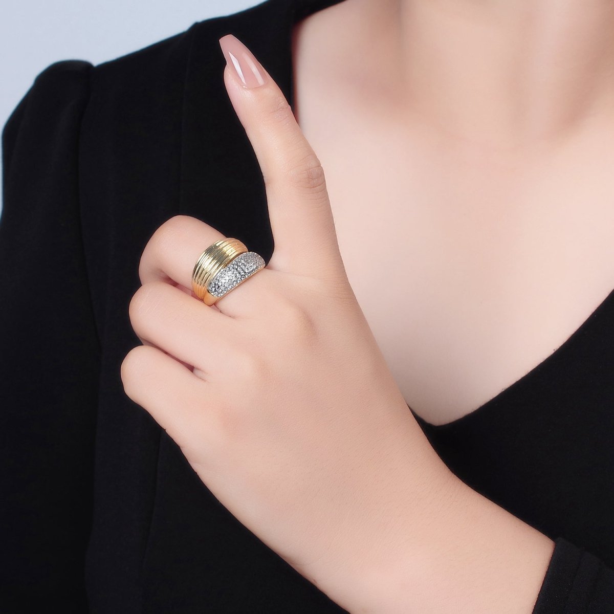24K Gold Filled Micro Paved CZ Double Band Dome Signet Ring Mix Metal Jewelry | O1405