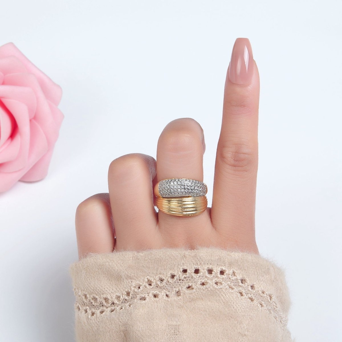 24K Gold Filled Micro Paved CZ Double Band Dome Signet Ring Mix Metal Jewelry | O1405