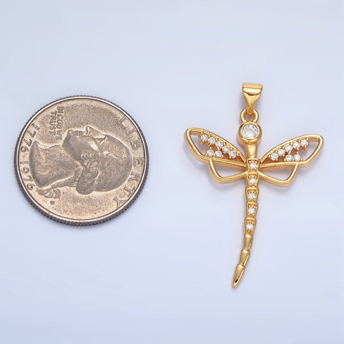24K Gold Filled Micro Paved CZ Geometric Dragonfly Insect Pendant | AA950