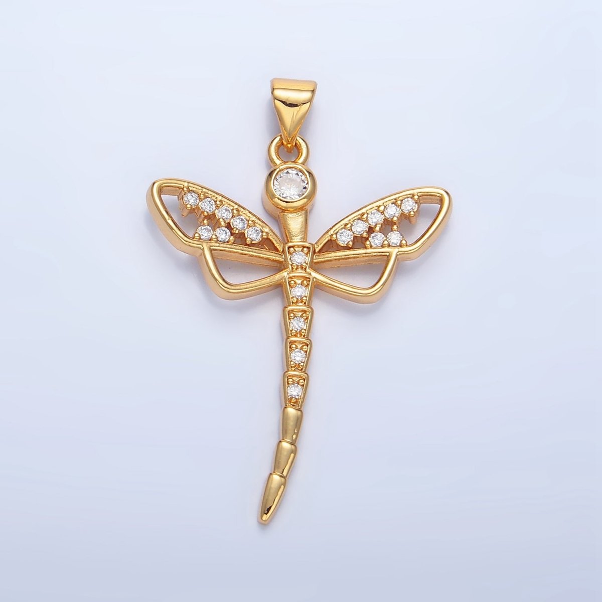 24K Gold Filled Micro Paved CZ Geometric Dragonfly Insect Pendant | AA950