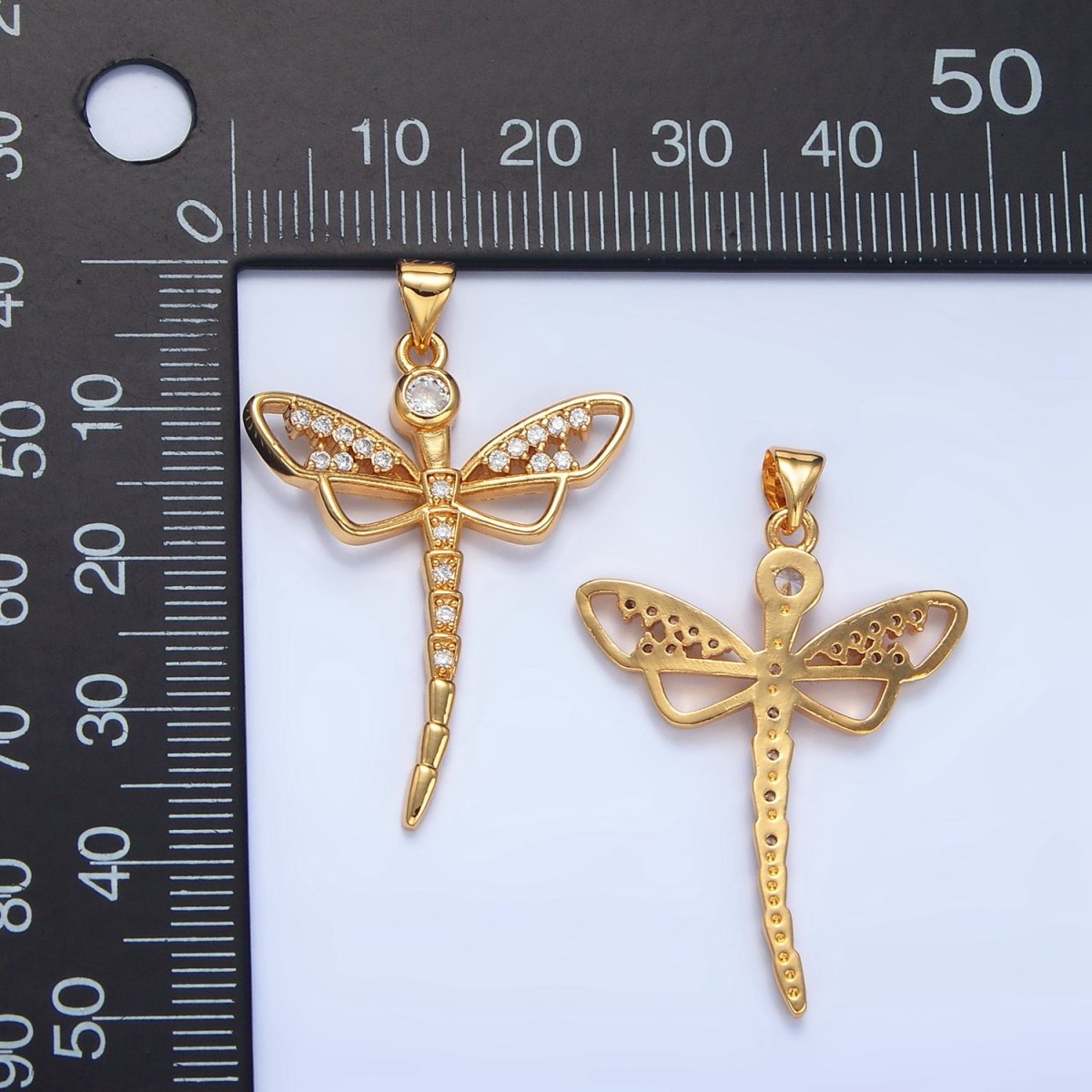 24K Gold Filled Micro Paved CZ Geometric Dragonfly Insect Pendant | AA950