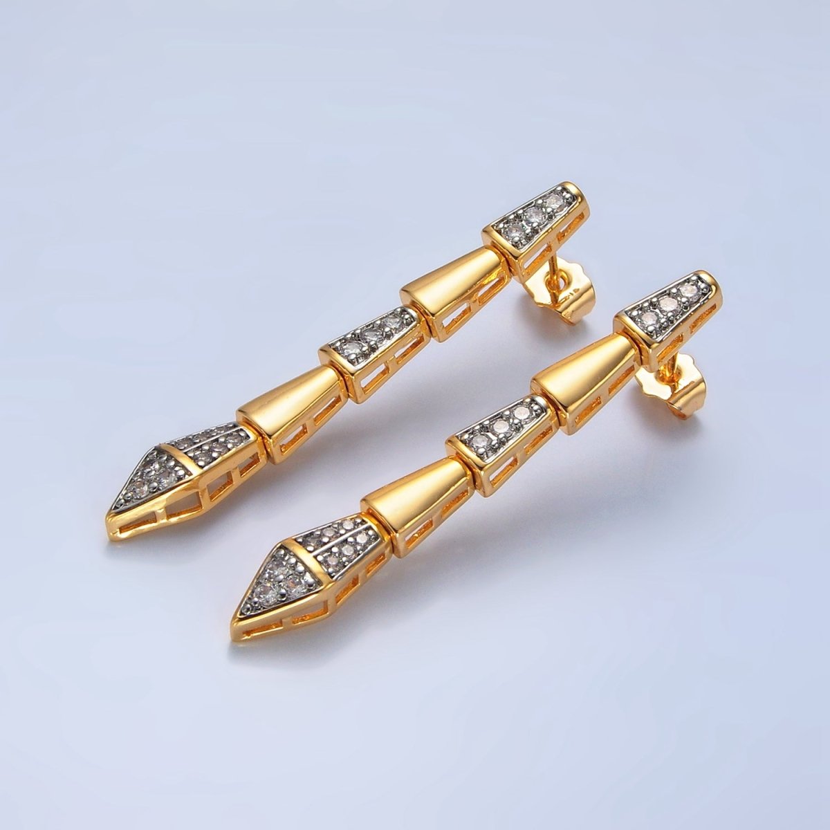 24K Gold Filled Micro Paved CZ Geometric Edged Linear Drop Stud Earrings | P020