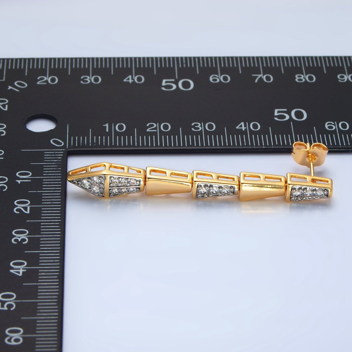 24K Gold Filled Micro Paved CZ Geometric Edged Linear Drop Stud Earrings | P020