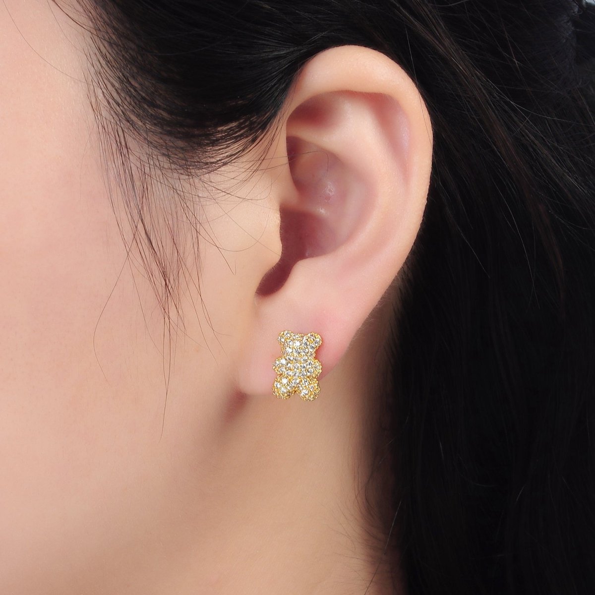 24K Gold Filled Micro Paved CZ Gummy Teddy Bear Stud Earrings | AB1240