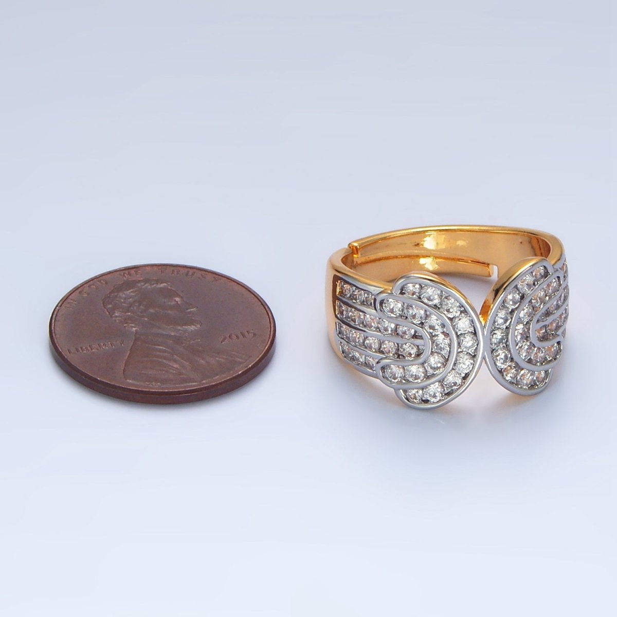 24K Gold Filled Micro Paved CZ Multiple Lined Wide Band Mixed Metal Ring | O1421