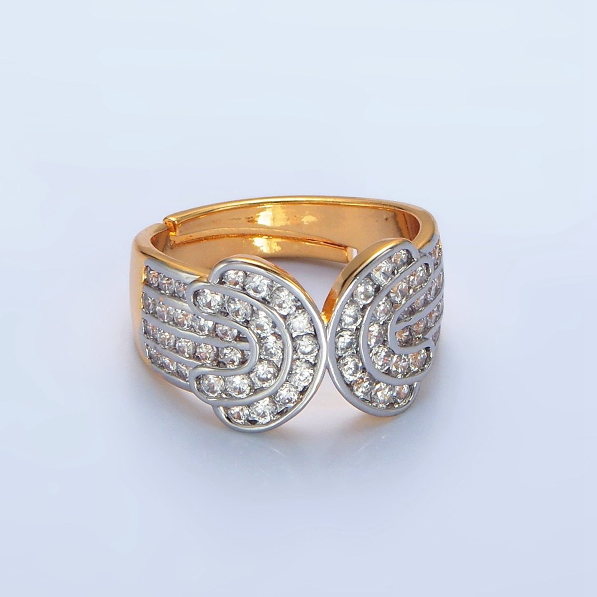 24K Gold Filled Micro Paved CZ Multiple Lined Wide Band Mixed Metal Ring | O1421