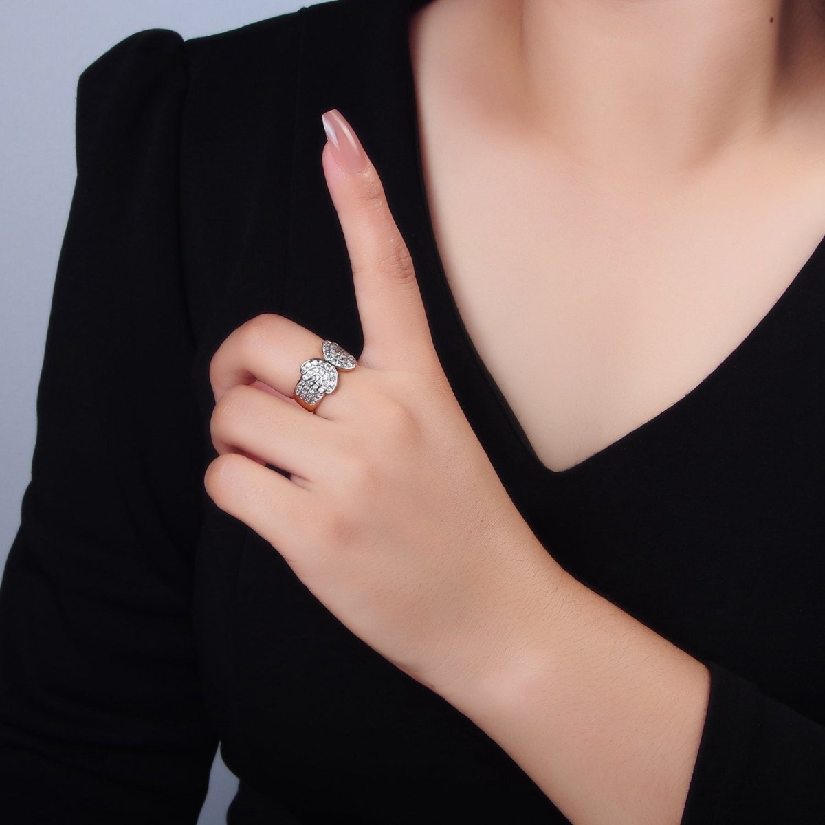 24K Gold Filled Micro Paved CZ Multiple Lined Wide Band Mixed Metal Ring | O1421