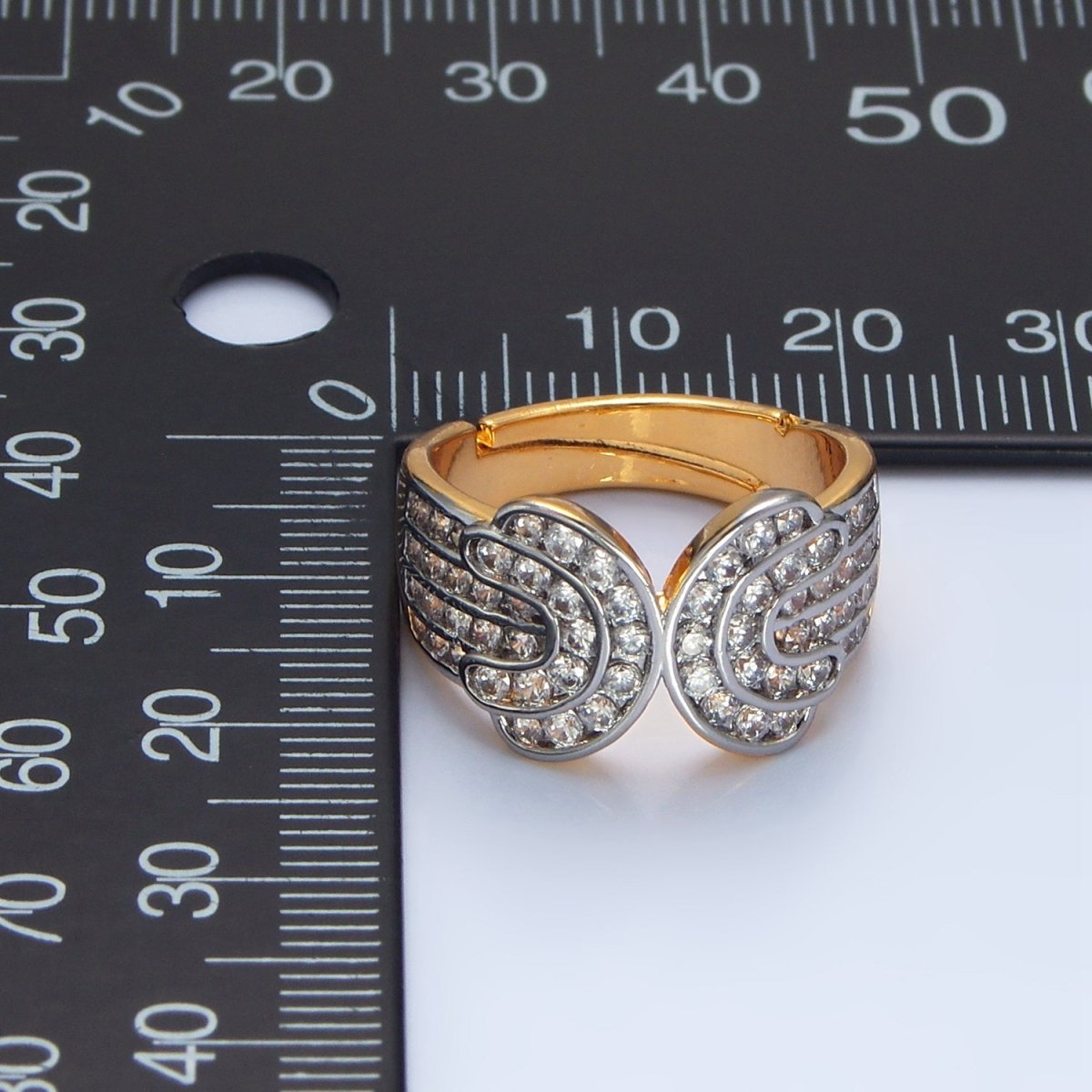 24K Gold Filled Micro Paved CZ Multiple Lined Wide Band Mixed Metal Ring | O1421