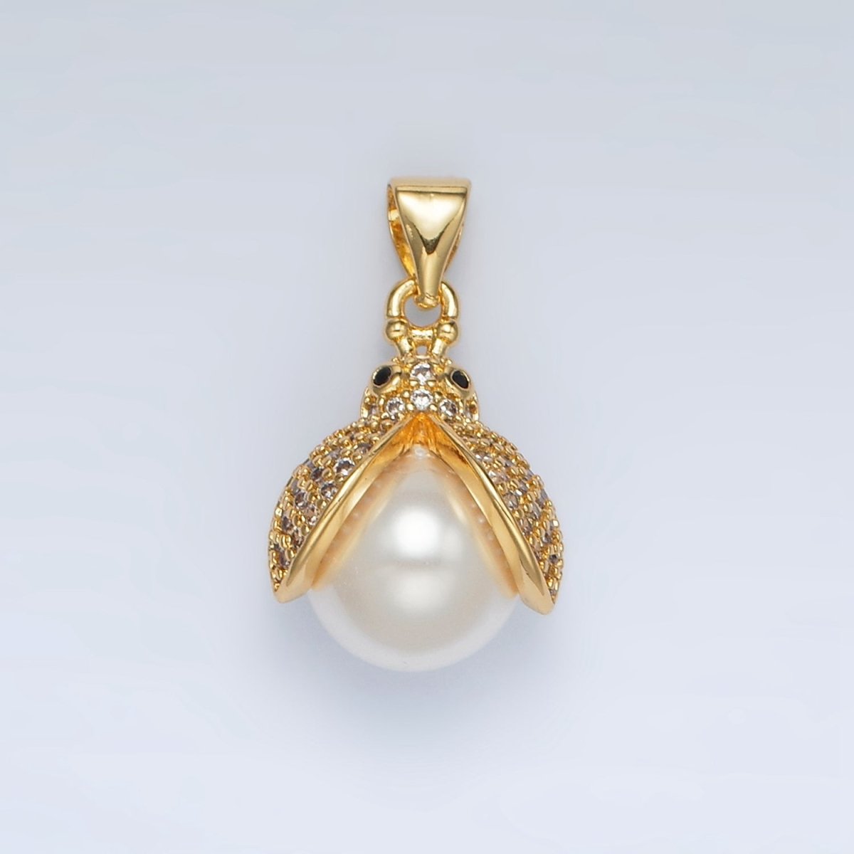 24K Gold Filled Micro Paved CZ Pearl Ladybug Pendant | AH187