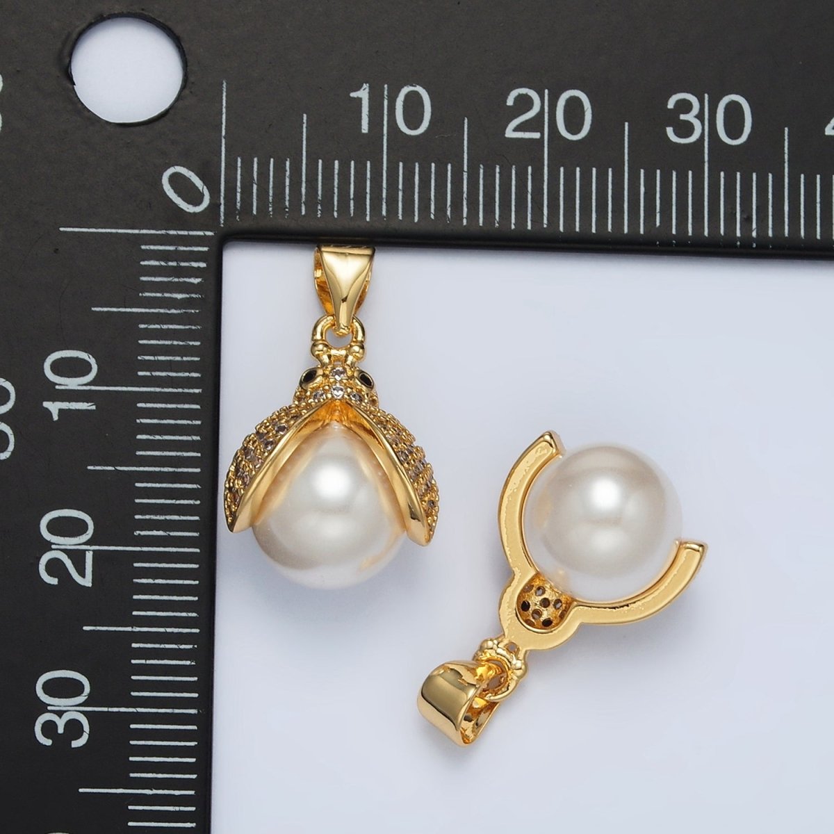 24K Gold Filled Micro Paved CZ Pearl Ladybug Pendant | AH187