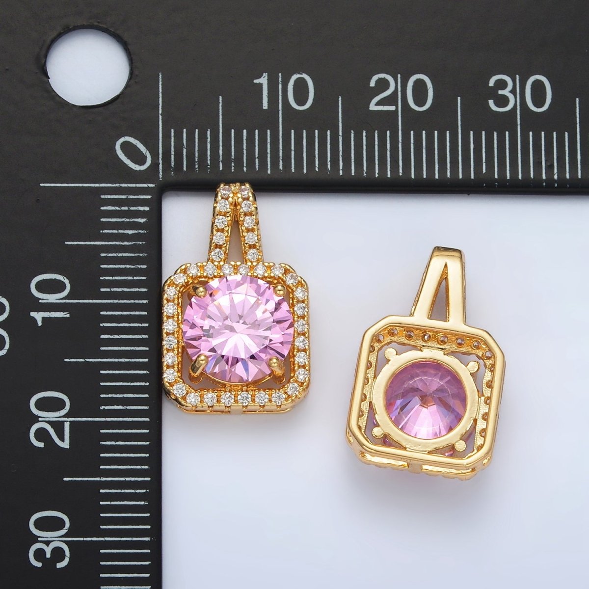24K Gold Filled Micro Paved CZ Pink Diamond Square Pendant | J-539